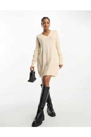 JDY V neck lightweight mini jumper dress in cream