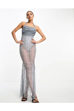 Starlet Exclusive drape cowl embellished maxi dress in pewter