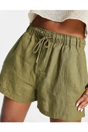 MANGO Tie up detail linen shorts in khaki