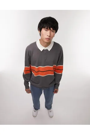 Topman Knitted rugby polo with stripe in charcoal & orange