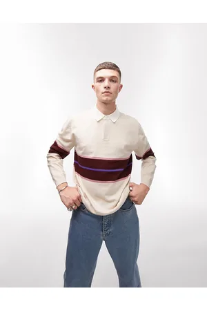 Topman Knitted rugby polo with stripe in ecru & pink