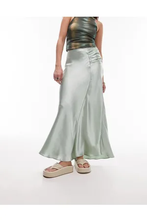 Topshop Asymmetric maxi skirt with ruched panel in light green