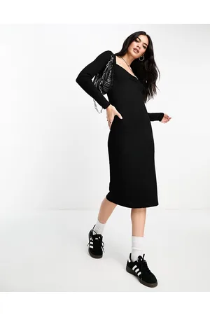 MANGO Long sleeve square neck ribbed midi dress in