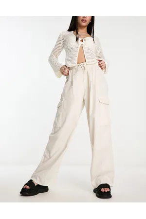 Bershka Tie waist cargo wide leg jeans in ecru