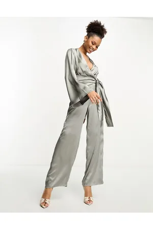 Pretty Lavish Tie front jumpsuit with pockets in slate