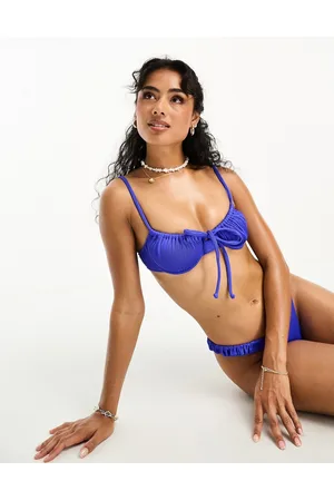 Kulani Kinis X Hannah Meloche & Ava Jules ribbed ruched underwire bra bikini top in cobalt