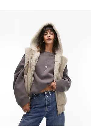 Topshop Faux suede shearling oversized hooded gilet with borg trims in taupe