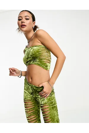 The Ragged Priest Slashed velvet one shoulder chain crop top co-ord