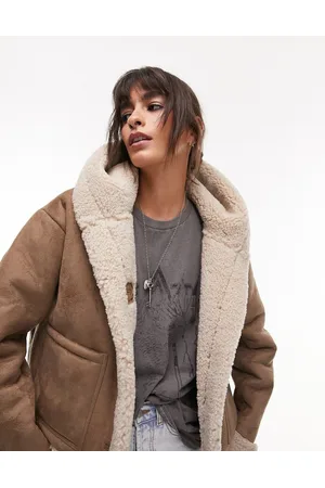 Topshop Faux suede shearling hooded cropped car coat with borg lining in mink