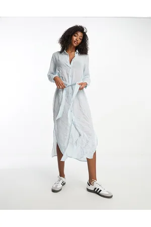 Monki Long sleeve crinkle midi shirt dress in
