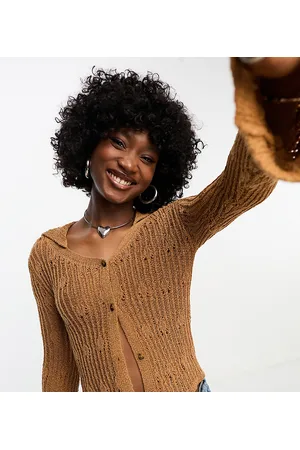 COLLUSION Knitted open stitch shirt cardigan in burnt rust