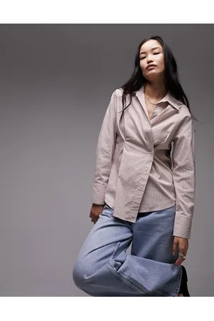 Topshop Tuck detail poplin shirt in ecru & red stripe
