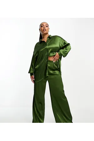 In The Style Exclusive satin textured wide leg trousers co-ord in khaki