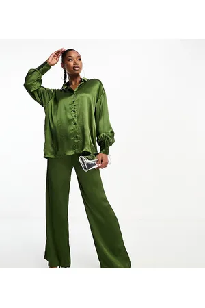 In The Style Exclusive satin textured wide leg trousers co-ord in khaki