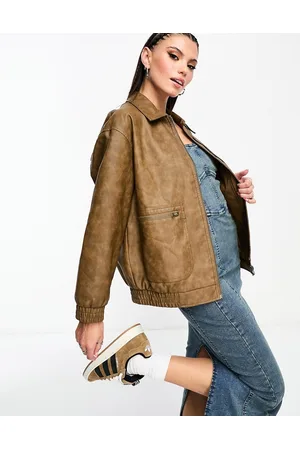 Stradivarius STR faux leather vintage oversized biker jacket in washed tan