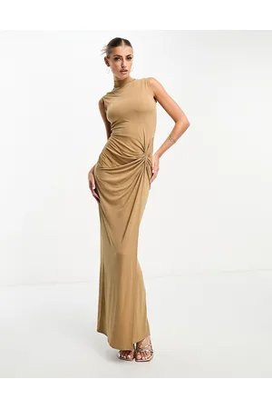 Flounce London High neck maxi dress with ruched detail in camel