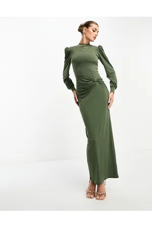 Flounce London High neck maxi dress with ruched detail in olive