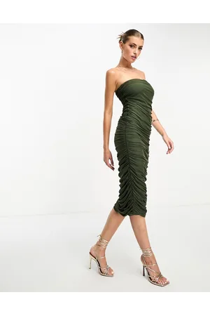 Flounce London Flounce ruched mesh midi dress in olive