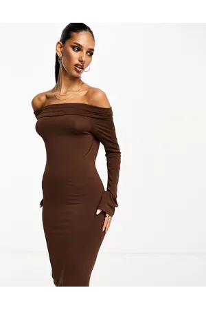 MANGO Fold over long sleeve bodycon midi dress in