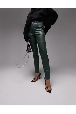 Topshop Faux leather skinny fit biker trouser in khaki