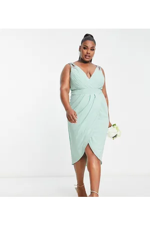 TFNC Bridesmaid wrap front chiffon midi dress with embellished shoulder detail in sage green
