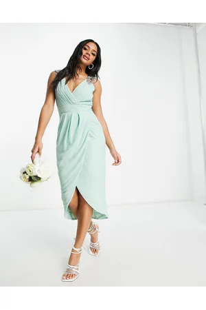 TFNC Bridesmaid wrap front chiffon midi dress with embellished shoulder detail in sage green