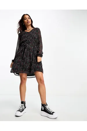 JDY V neck puff sleeve belted mini dress in ditsy floral