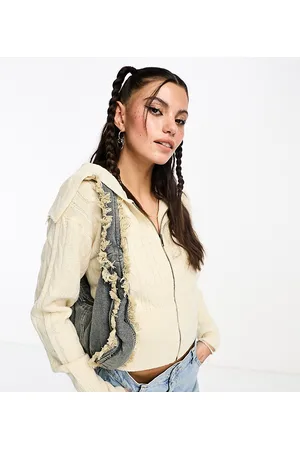 COLLUSION Cable knit oversized collar zip through jumper in ecru