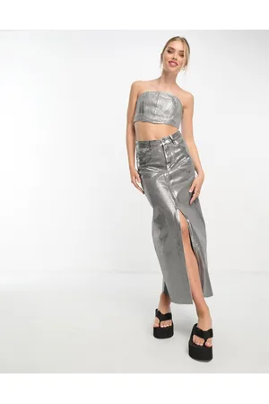 Pull&Bear Metallic denim midi skirt with split front co-ord in