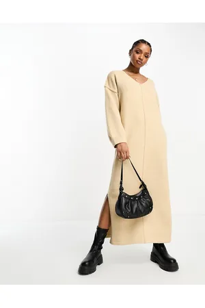 The Frolic Soft oversized knitted v-neck maxi dress in tan