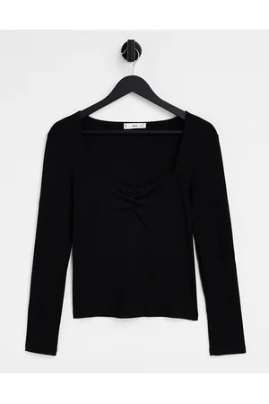 MANGO Long sleeve square neck ruched front t-shirt in