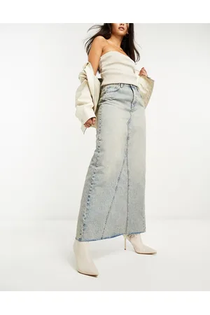 Stradivarius Spliced denim maxi skirt in vintage wash