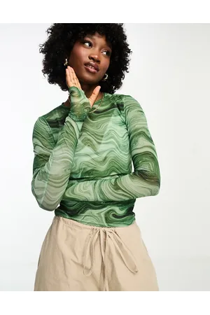 Monki Long sleeve mesh top in green swirl print