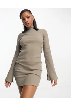 Monki Ribbed roll neck mini dress with long split sleeves in taupe