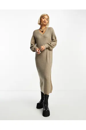 Object Knitted v neck midi jumper dress with balloon sleeves in beige melange