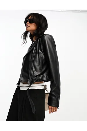 ASOS Faux leather shrunken biker jacket with belt in