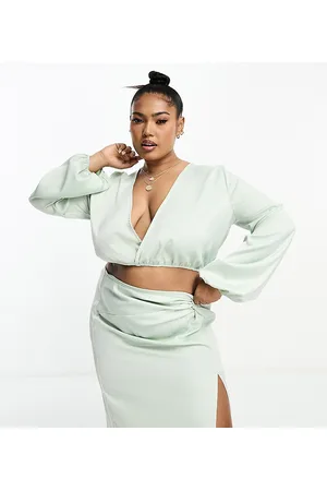 In The Style Exclusive satin twist front volume sleeve blouse co-ord in pale