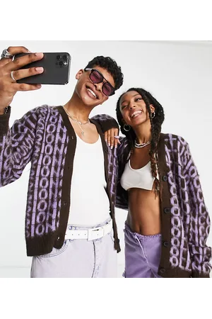 COLLUSION Unisex knitted brushed cardigan in brown and lilac branded print