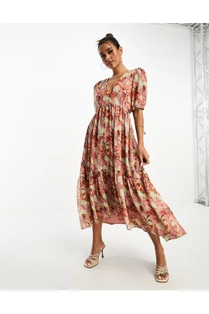 ANAYA Open back midi dress with puff sleeve in floral print