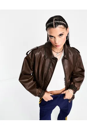 Stradivarius STR faux leather oversized biker jacket in washed
