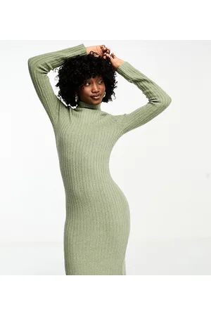 COLLUSION Knitted asymmetric hem midi dress in khaki melange
