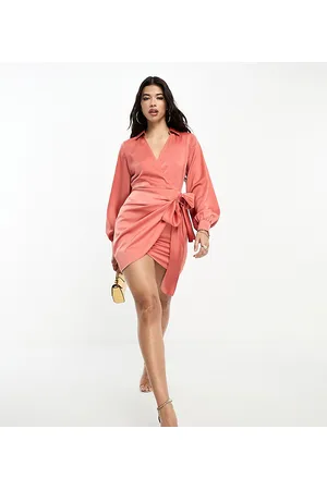 In The Style Exclusive satin wrap front mini shirt dress in rust
