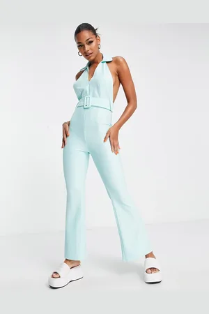 ASOS Rib zip front collared jumpsuit with belt in baby