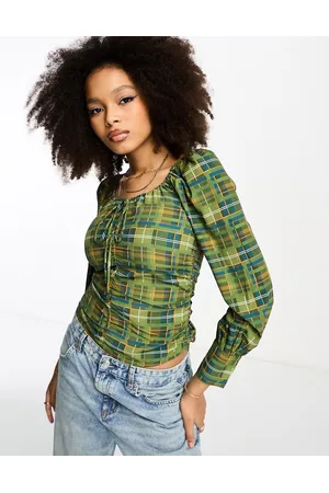 Glamorous Ruched front puff sleeve blouse in check