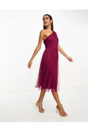 ANAYA Bridesmaid tulle one shoulder midi dress in berry