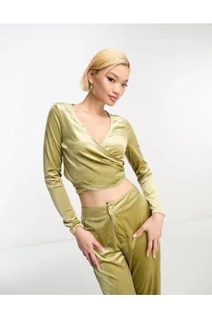 Urban Threads Velvet wrap top co-ord in chartreuse