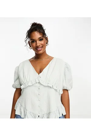 The Frolic V-neck button front puff sleeve blouse in gingham