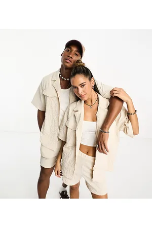 Reclaimed Unisex short sleeve textured shirt in neutral co-ord