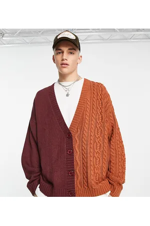 COLLUSION Mixed cable knitted cardigan in burgundy
