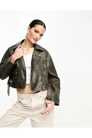 Stradivarius Faux leather biker jacket in washed